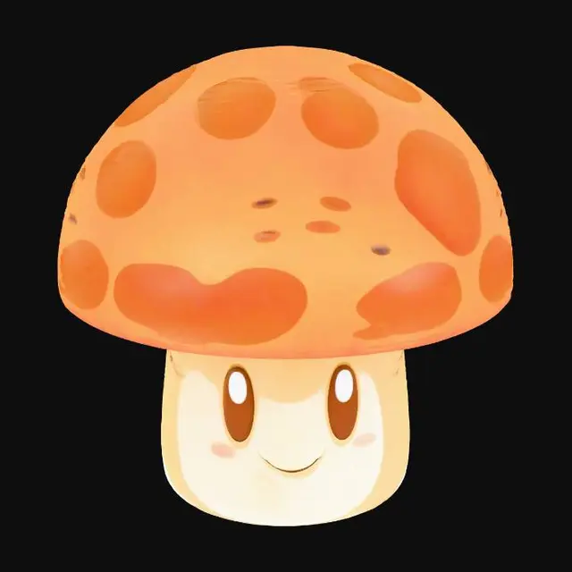 3D model for Yellow mushroom. The cap is round and yellow with scattered orange spots of varying sizes, the texture glossy with a slight sheen. The stem is creamy white, cylindrical, with a soft matte surface. The face on the stem includes two large, round, black eyes with white highlights and a small smile.