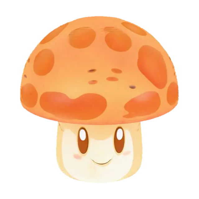 3D model for Yellow mushroom. The cap is round and yellow with scattered orange spots of varying sizes, the texture glossy with a slight sheen. The stem is creamy white, cylindrical, with a soft matte surface. The face on the stem includes two large, round, black eyes with white highlights and a small smile.