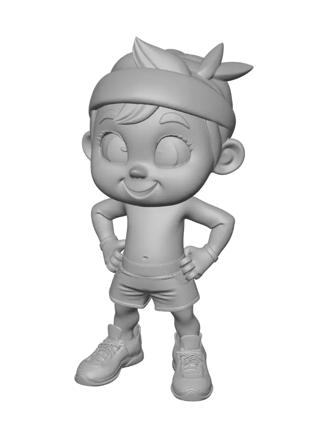 3D model for Cute original 3D cartoon fitness game mascot. Adorable friendly face, big expressive bright eyes, round cheeks, small nose, happy confident smile, charming personality. Stylized animated movie character with a lovable cartoon appearance. Slightly oversized head, soft rounded shapes, smooth colorful 3D style. Small slim beginner body, simple proportions, short and cute silhouette. Sport outfit and sneakers. Full body, front view, A-pose, centered. High quality game character design, polished materials, fun and memorable mascot. Designed as the first stage of a progression system where the same character will evolve through future levels.