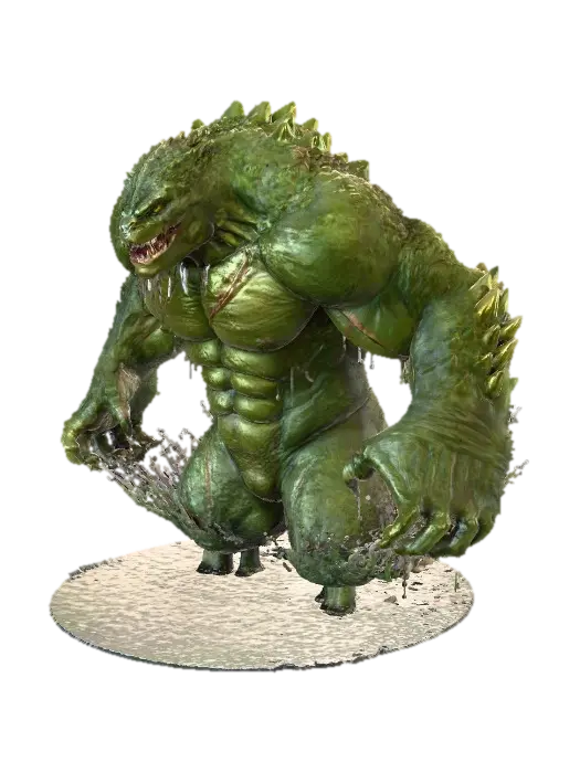 A massive, reptilian humanoid emerges from the dark waters of Gotham’s sewers.… 3D model, vytvořený pomocí AI