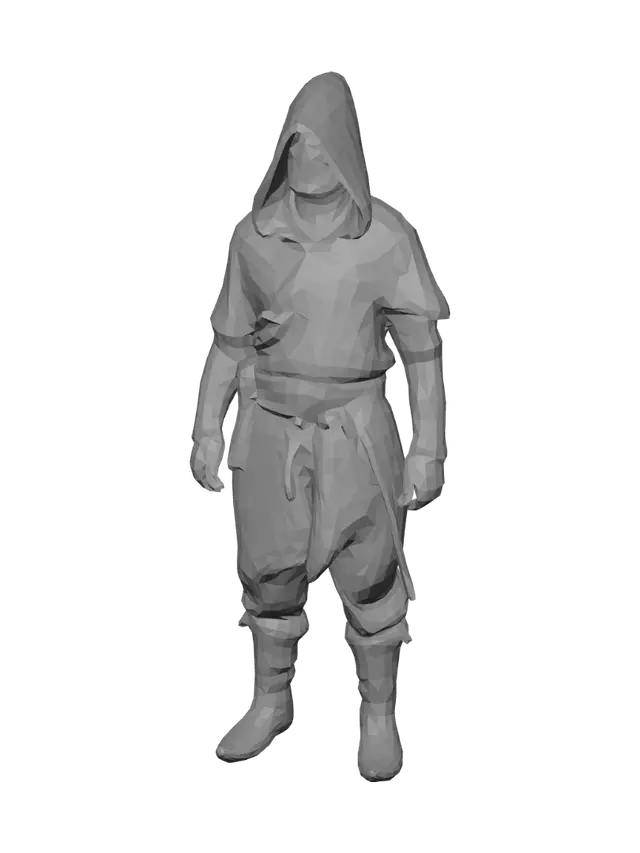 3D model for A hooded peasant villager, low-poly stylized game character, dark
gritty fantasy style, worn ragged cloth tunic with fabric folds,
weathered leather belt, slightly hunched tired posture, gaunt face
partially hidden by hood, light surface relief on fabric and skin
(subtle wrinkles and creases, kept minimal and not overly sculpted),
clean simple geometry, asymmetric design — front view shows the
hooded face and open cloak, back view shows a different silhouette
with the hood's pointed peak and closed cloak seam, T-pose,
front-facing camera angle