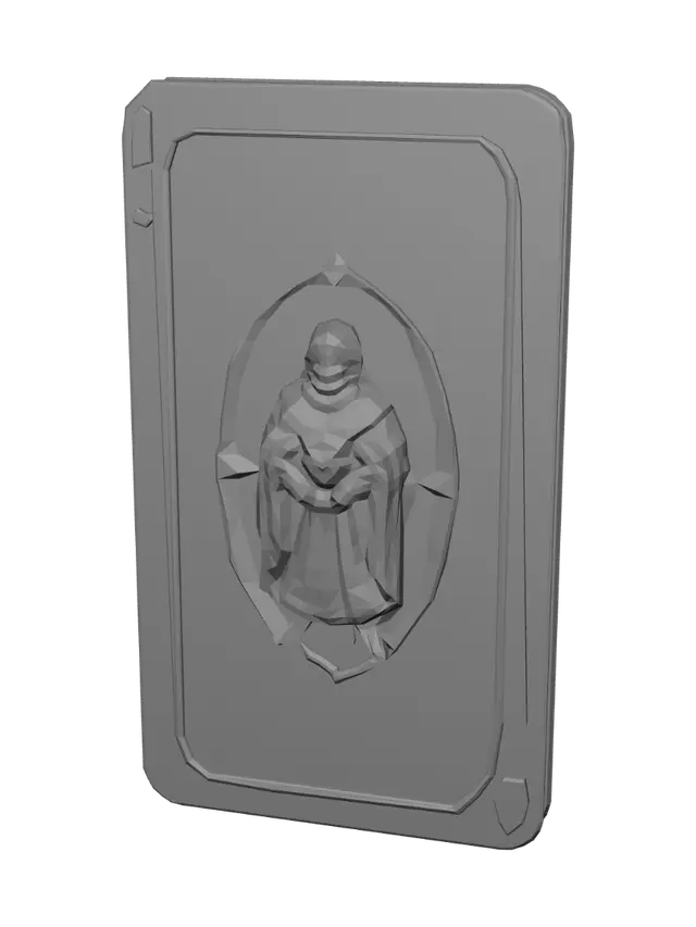 3D model for Vertical fantasy playing card, standard poker card shape with distinct 3D thickness and smooth rounded corners. Minimalist aesthetic. Material is smooth polished white marble with subtle gold accents. NOT WOOD. In the exact center, a clean 3D bas-relief embossed sculpture of a simple medieval peasant. Elegant, plain empty flat spaces around the character for UI. ABSOLUTELY NO TEXT, NO LETTERS, NO NUMBERS, NO POKER SYMBOLS, NO SUITS, NO DRAWINGS.