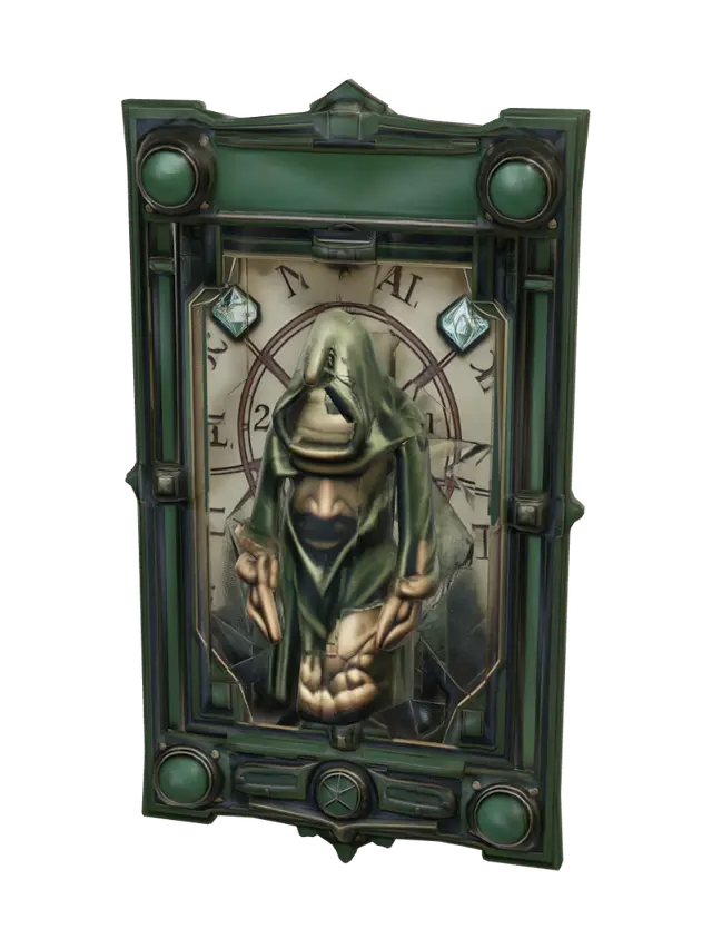 3D model for A rectangular fantasy trading card frame, ornate carved dark metal
border with weathered green-bronze patina, ONE thick horizontal
title bar strip across the very top separated by a bold divider line
- this strip is flat and completely blank, reserved for a card name.
Below the title bar: a large central panel containing a carved relief
of a standing hooded peasant villager in ragged worn cloth, empty
bare hands, surrounded by subtle carved rune engravings on the panel
background.
Small ornamental corner gems only at the four outer corners of the
card border (not inside the central panel).
Bottom-right corner: one small circular blank badge slot, smooth,
no text, no numbers, reserved for a health icon.
Dark gritty fantasy style, rich weathered texture, low-to-mid poly
game-rea