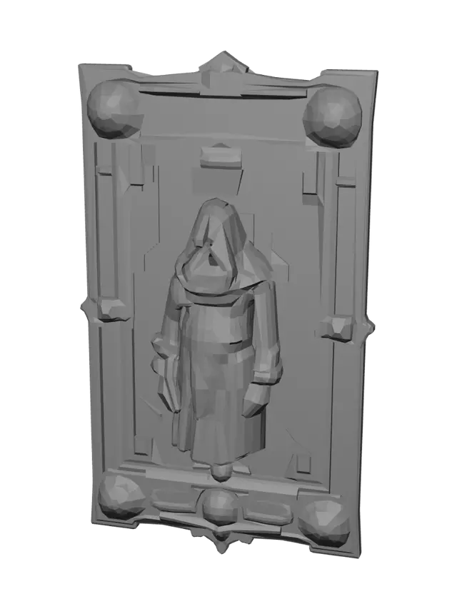 3D model for A rectangular fantasy trading card frame, ornate carved dark metal
border with weathered green-bronze patina, ONE thick horizontal
title bar strip across the very top separated by a bold divider line
- this strip is flat and completely blank, reserved for a card name.
Below the title bar: a large central panel containing a carved relief
of a standing hooded peasant villager in ragged worn cloth, empty
bare hands, surrounded by subtle carved rune engravings on the panel
background.
Small ornamental corner gems only at the four outer corners of the
card border (not inside the central panel).
Bottom-right corner: one small circular blank badge slot, smooth,
no text, no numbers, reserved for a health icon.
Dark gritty fantasy style, rich weathered texture, low-to-mid poly
game-rea