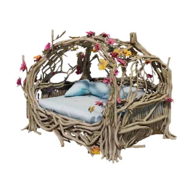 fantasy outdoor bed made with woven twigs and roots, pale blue cushions, highly… 3D model, vytvořený pomocí AI
