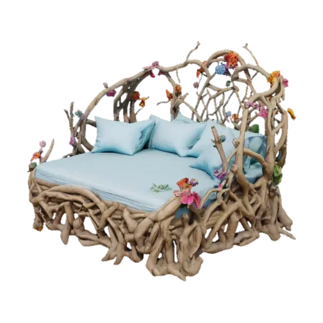 fantasy outdoor bed made with woven twigs and roots, pale blue cushions, highly… 3D model, vytvořený pomocí AI