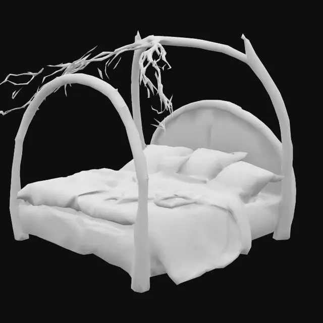 3D model for A large, curved druid’s bed made of natural wood and living elements. The frame is carved from smooth, gnarled roots and polished tree limbs, shaped into an elegant, crescent-like curve. A half-canopy of living branches arches over the head of the bed, woven with blooming flowers, soft moss, and trailing vines. Delicate wildflowers peek through the foliage, and soft natural light filters through the leaves. The bedding is plush and cozy, made of homespun linen and wool in earth tones, with embroidered patterns of leaves, moons, and forest animals. The whole design is grounded, enchanting, and organically grown, as if part of a forest sanctuary.


