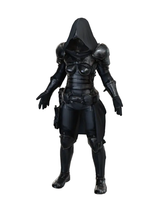 3D model for 3D model, stylized, simplified low-poly character. The Eclipse Reaper, a agile young rogue. Features a ragged black hood, a stylized metallic half-face mask, and a tattered long cape. Wearing reinforced leather armor, dark and worn. Possesses two large, curved daggers adorned with glowing blue spectral runes. His eyes shine a brilliant blue. Numerous small daggers are exaggeratedly attached to his belt. A playful touch: he is slightly slouched in a sneaky posture, and a stylized, faint trail of dark smoke swirls around his feet. The energy on weapons is vibrant blue. Dark Souls meets stylized cartoon. Clean topology, ready for animation.