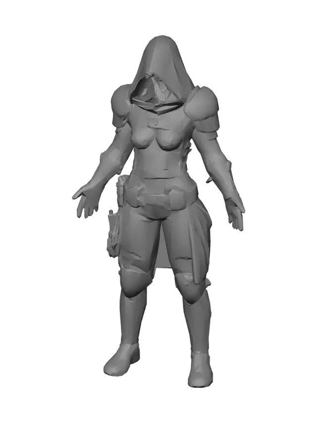 3D model for 3D model, stylized, simplified low-poly character. The Eclipse Reaper, a agile young rogue. Features a ragged black hood, a stylized metallic half-face mask, and a tattered long cape. Wearing reinforced leather armor, dark and worn. Possesses two large, curved daggers adorned with glowing blue spectral runes. His eyes shine a brilliant blue. Numerous small daggers are exaggeratedly attached to his belt. A playful touch: he is slightly slouched in a sneaky posture, and a stylized, faint trail of dark smoke swirls around his feet. The energy on weapons is vibrant blue. Dark Souls meets stylized cartoon. Clean topology, ready for animation.