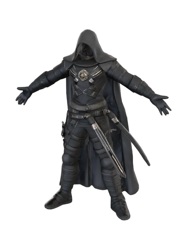 3D model for 3D model, stylized, simplified low-poly character. The Eclipse Reaper, a agile young rogue. Features a ragged black hood, a stylized metallic half-face mask, and a tattered long cape. Wearing reinforced leather armor, dark and worn. Possesses two large, curved daggers adorned with glowing blue spectral runes. His eyes shine a brilliant blue. Numerous small daggers are exaggeratedly attached to his belt. A playful touch: he is slightly slouched in a sneaky posture, and a stylized, faint trail of dark smoke swirls around his feet. The energy on weapons is vibrant blue. Dark Souls meets stylized cartoon. Clean topology, ready for animation.