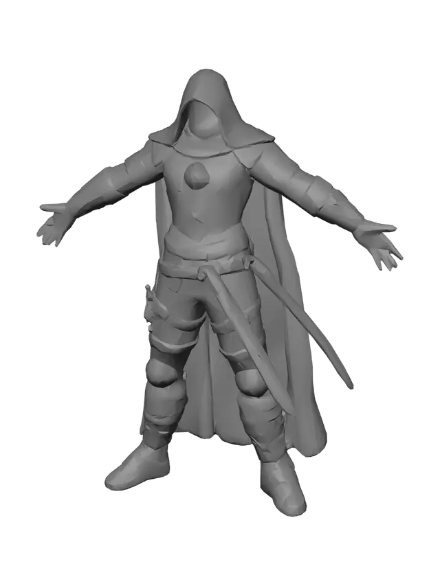 3D model for 3D model, stylized, simplified low-poly character. The Eclipse Reaper, a agile young rogue. Features a ragged black hood, a stylized metallic half-face mask, and a tattered long cape. Wearing reinforced leather armor, dark and worn. Possesses two large, curved daggers adorned with glowing blue spectral runes. His eyes shine a brilliant blue. Numerous small daggers are exaggeratedly attached to his belt. A playful touch: he is slightly slouched in a sneaky posture, and a stylized, faint trail of dark smoke swirls around his feet. The energy on weapons is vibrant blue. Dark Souls meets stylized cartoon. Clean topology, ready for animation.