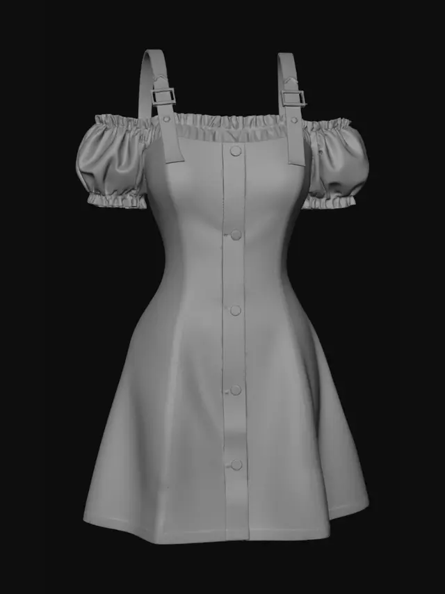 3D model for Denim button-front A-line dress with shoulder straps