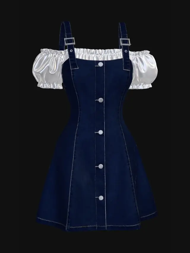 3D model for Denim button-front A-line dress with shoulder straps