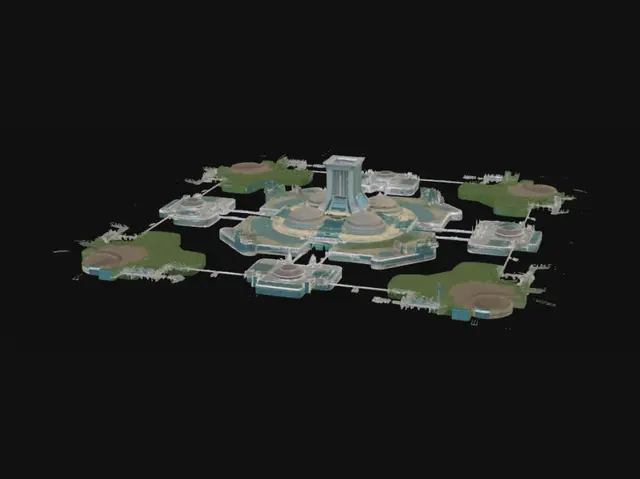 3D model for > Large open-world 3D map inspired by Cybercore and Y2K aesthetics. Massive explorable terrain with green hills, rivers, lakes, beaches, floating islands, futuristic cities, glass towers, chrome structures, holographic signs, transparent bridges, cyber forests, and digital gardens. Bright blue skies, vibrant cyan and green colors, bloom lighting, atmospheric fog, reflective water, glossy materials, and early-2000s futuristic optimism. Inspired by Windows XP/Vista-era digital dreamscapes. AAA-quality environment, game-ready, fully textured, seamless world, realistic scale, detailed terrain, peaceful digital utopia, no characters, no vehicles, optimized topology, PBR materials.