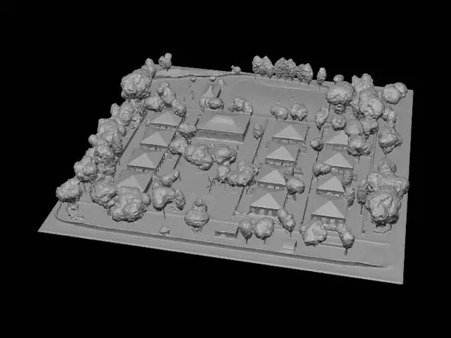 3D model for Aerial view of red-roofed village with clay court