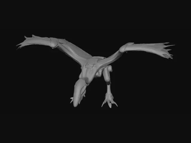 3D model for Argos, a soaring AI in the form of a pterosaur, displays its immense metallic form. Its streamlined body is crafted from heat-resistant alloys which gleam ominously. Its colossal wings double as solar panels. Its eyes flash with multi-spectral sensors while enormous, super-hard alloy talons await below. The AI's sheer robustness and speed, its primary weapons. The AI processing this request can also consider giving Argos some characteristics similar to a high-speed jet due to how fast it moves. 