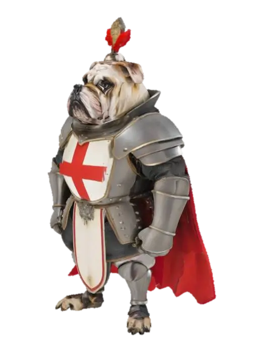 [London] british bull dog wearing suit of armour with his bowl #AroundTheWorld# - Bulldog 3D model, vytvořený pomocí AI