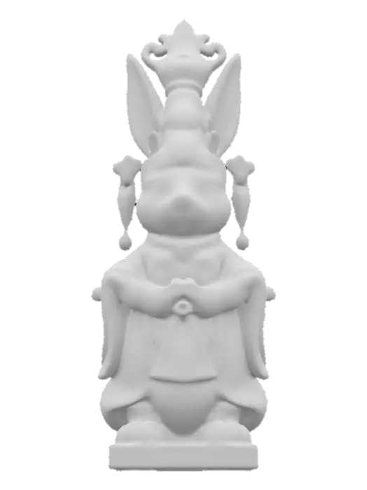 3D model for Make a statue of a rabbit, in a chinese statue style, make the rabbit look like taoist deity, specifically, add the taoist headdress know as a "Lianhua Guan"  , I want the statue to be visibly made out of stone with some red and some gold leafs on some parts of the statue.
