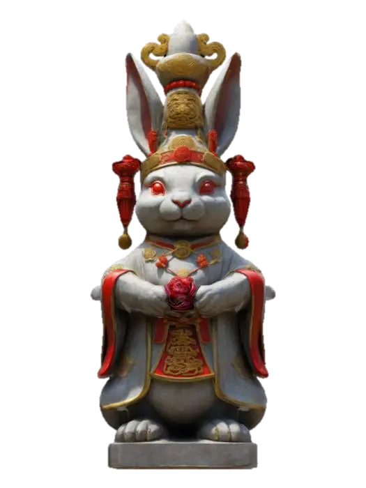 3D model for Make a statue of a rabbit, in a chinese statue style, make the rabbit look like taoist deity, specifically, add the taoist headdress know as a "Lianhua Guan"  , I want the statue to be visibly made out of stone with some red and some gold leafs on some parts of the statue.
