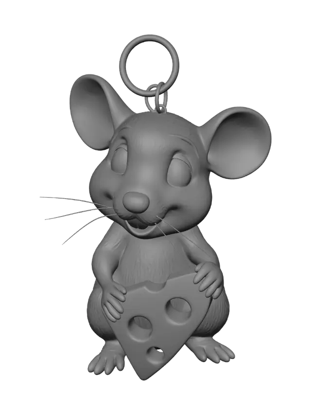 3D model for Create a 3D printable keychain of a cute chubby rat sitting on the ground with a big head, round ears, large expressive eyes, a small nose, and a happy smile. The rat is holding a separate triangular Swiss cheese wedge with holes. Include hidden cylindrical magnet sockets in both hands and matching sockets in the cheese for 6x3 mm magnets so the cheese can be removed and attached securely. Design everything for FDM 3D printing with thick durable walls, smooth rounded shapes, minimal overhangs, no unsupported floating parts, watertight geometry, and clean STL-ready topology. Add a strong integrated keychain loop between the ears. Overall height around 60 mm. Do not include colors, textures, paint, or surface details that rely on color—the design must look attractive using shape alone.