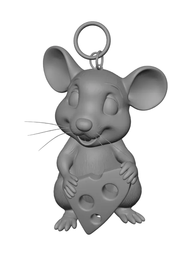 3D model for Create a 3D printable keychain of a cute chubby rat sitting on the ground with a big head, round ears, large expressive eyes, a small nose, and a happy smile. The rat is holding a separate triangular Swiss cheese wedge with holes. Include hidden cylindrical magnet sockets in both hands and matching sockets in the cheese for 6x3 mm magnets so the cheese can be removed and attached securely. Design everything for FDM 3D printing with thick durable walls, smooth rounded shapes, minimal overhangs, no unsupported floating parts, watertight geometry, and clean STL-ready topology. Add a strong integrated keychain loop between the ears. Overall height around 60 mm. Do not include colors, textures, paint, or surface details that rely on color—the design must look attractive using shape alone.