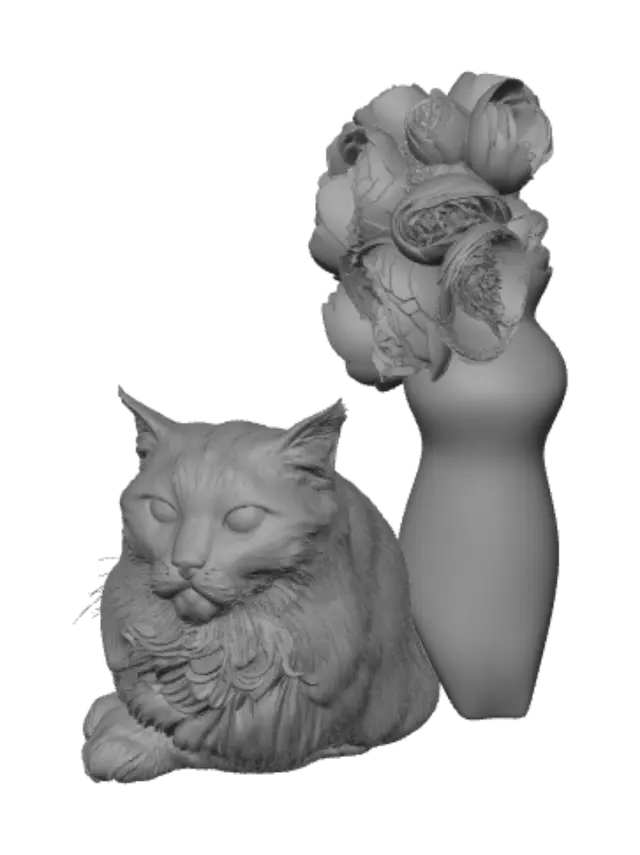 3D model for Golden Cat and White Roses