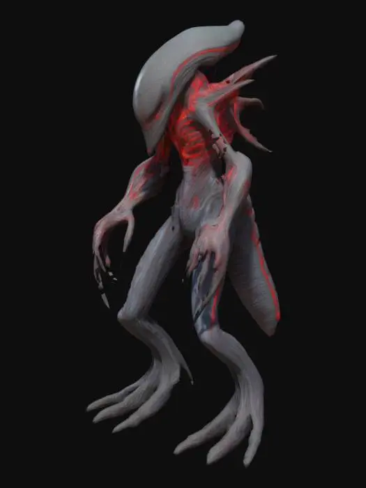 3D model for A towering, emaciated alien creature stands with slick, black skin, marked by glowing red veins pulsing like molten rivers. Its elongated head is featureless, with deep voids instead of eyes. Long, spindly limbs bend unnaturally, ending in sharp talons. It moves fluidly, gliding silently through darkness, blending into its surroundings. Capable of mimicry, it distorts its form to resemble the consumed, but its presence is always wrong—eerily predatory and unsettling in its unnatural appearance.