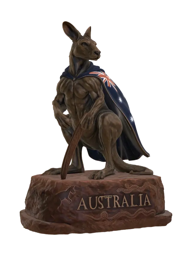 Australian Kangaroo in Flag Cape 3D model, vytvořený pomocí AI