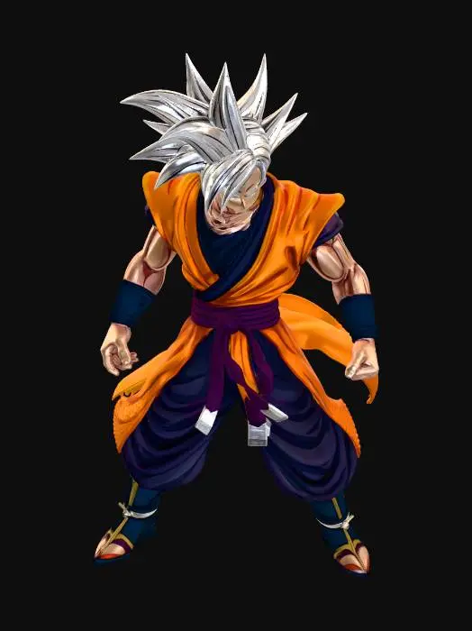 3D model for Create a character like Goku from the Dragon Ball anime. He should have a good samurai outfit and be transformed into Ultra Instinct.