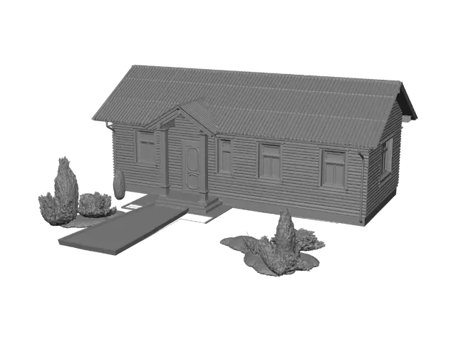 3D model for Архитектурный рендер фасада одноэтажного каркасного дома на фото №1 сделай как на фото №2 всю информации бери с фото №2 темно-зеленые деревянный блок хаус, двускатная крыша из шифера 8-ми волнового стариного с выраженной текстурой. Темно-коричневый кирпичный цоколь, белые прямоугольные окна с высокими перегородками. Парадный вход как на фото с массивными коричневыми деревянными колоннами и небольшим каменным крыльцом со ступенями. Уютный ландшафтный дизайн: зеленый газон, дорожка из плитки к дому, хвойные кустарники. Мягкий закатный свет, теплые солнечные блики на крыше, фотореалистичная текстура материалов, детализированная архитектурная визуализация, профессиональная съемка на широкоугольный объектив, разрешение 8k, V-Ray рендер