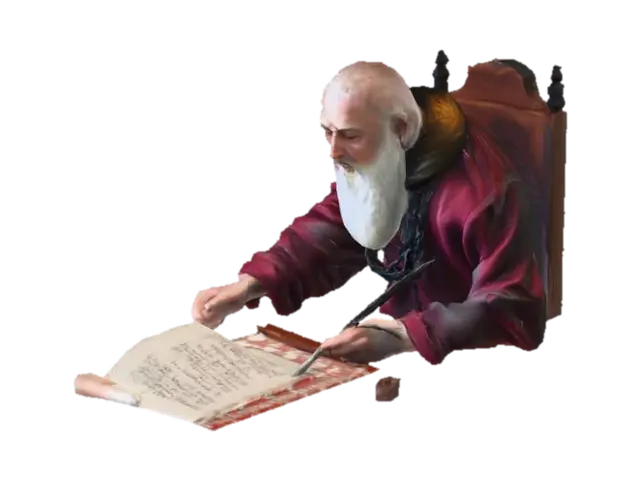 Modello 3D An old scribe sits at a desk, generato dall’IA