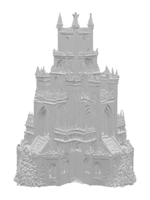 3D model for Ultra realistic 3D model of a massive fantasy fortress tower inspired by Minas Tirith from The Lord of the Rings. Built into a steep mountainside, with layered white stone walls, gothic medieval architecture, huge arched gates, narrow windows, carved stairways, and a tall central spire. Add realistic stone textures, weathering effects, moss, banners flowing in the wind, and small details like statues and guard towers. Cinematic fantasy style, high polygon detail, PBR materials, game-ready asset.”