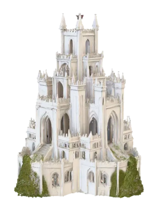 3D model for Ultra realistic 3D model of a massive fantasy fortress tower inspired by Minas Tirith from The Lord of the Rings. Built into a steep mountainside, with layered white stone walls, gothic medieval architecture, huge arched gates, narrow windows, carved stairways, and a tall central spire. Add realistic stone textures, weathering effects, moss, banners flowing in the wind, and small details like statues and guard towers. Cinematic fantasy style, high polygon detail, PBR materials, game-ready asset.”