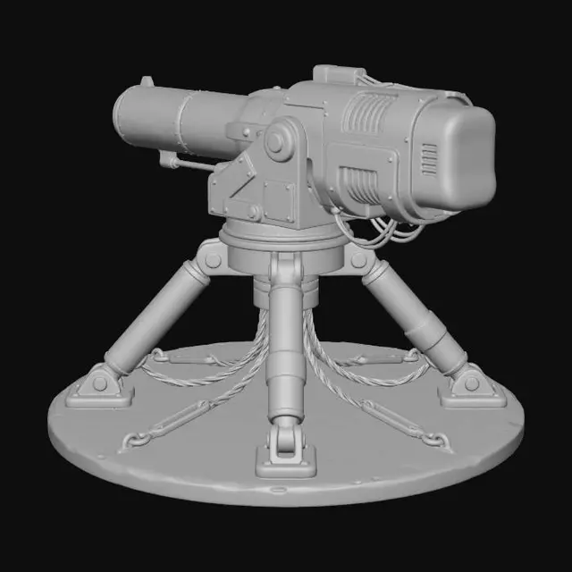 3D model for a massive laser canon with sturdy legs tethering it to the ground because the blast would move it otherwise; white background; 3d model; isometric view