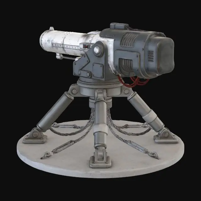 3D model for a massive laser canon with sturdy legs tethering it to the ground because the blast would move it otherwise; white background; 3d model; isometric view