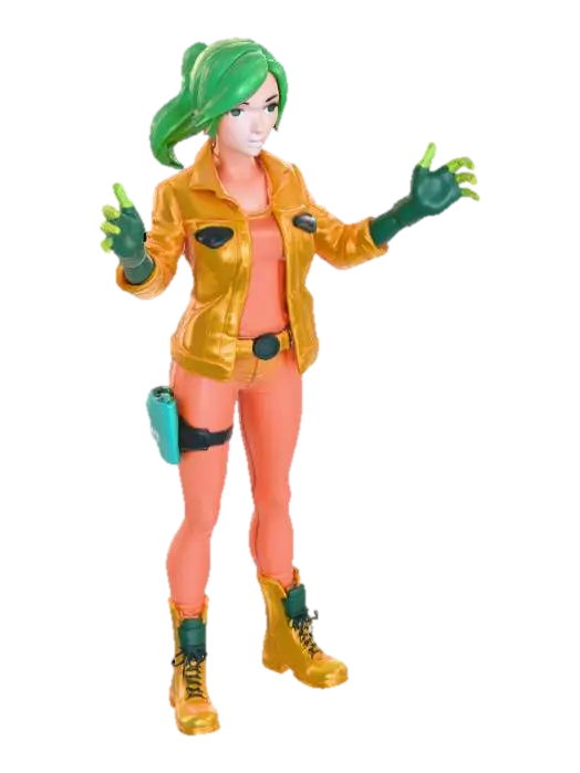 Stylized low-poly female survivor character. Wearing a patched denim jacket,… - Lowpolly 3D model, vytvořený pomocí AI