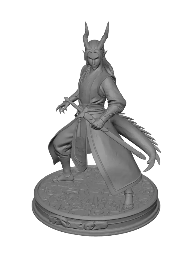 3D model for Dragón chino, en forma humanoide, con cuernos dorados y negros. Vestimenta tradicional china, llevando enfundada una espada china