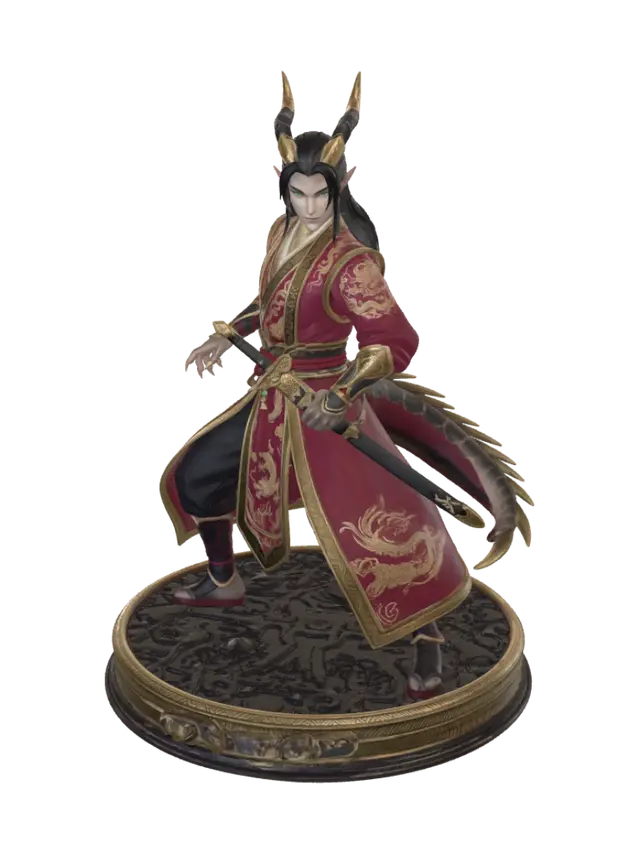 3D model for Dragón chino, en forma humanoide, con cuernos dorados y negros. Vestimenta tradicional china, llevando enfundada una espada china