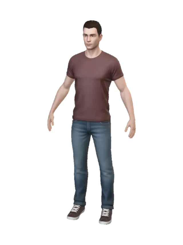 Casual Man in Brown T-Shirt and Jeans - Standing 3D model, vytvořený pomocí AI