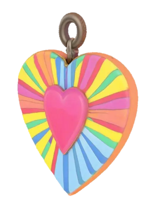 3D model for flat-bottomed charm with raised heart and burst rainbow lines, and a top connector loo
