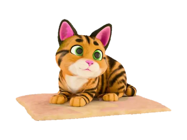 3D model for A realistic 3D model of a domestic tabby cat with a round face and short to medium-length fur. The cat has brown and black striped fur with subtle hints of gray, and a lighter-colored chest and underside. It has alert green eyes, a pink nose, and dark ears with light fur inside. The cat's tail is thick with black rings, and it has a soft, plush appearance. Please model the cat in a loaf pose (legs tucked underneath) and also provide a relaxed laying pose on a blanket. Aim for lifelike fur texture, natural coloration, and a friendly but slightly serious expression.