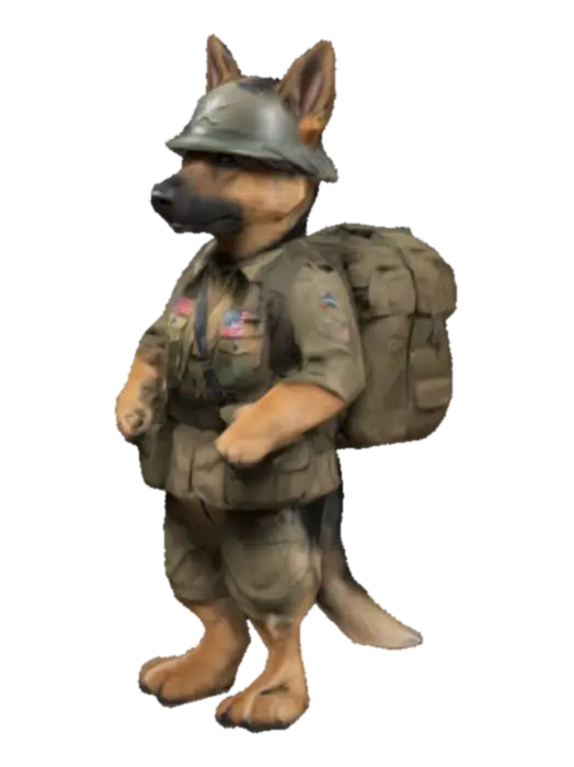 anime style German shepherd dog standing on hind legs. Wearing American ww2… 3D model, vytvořený pomocí AI