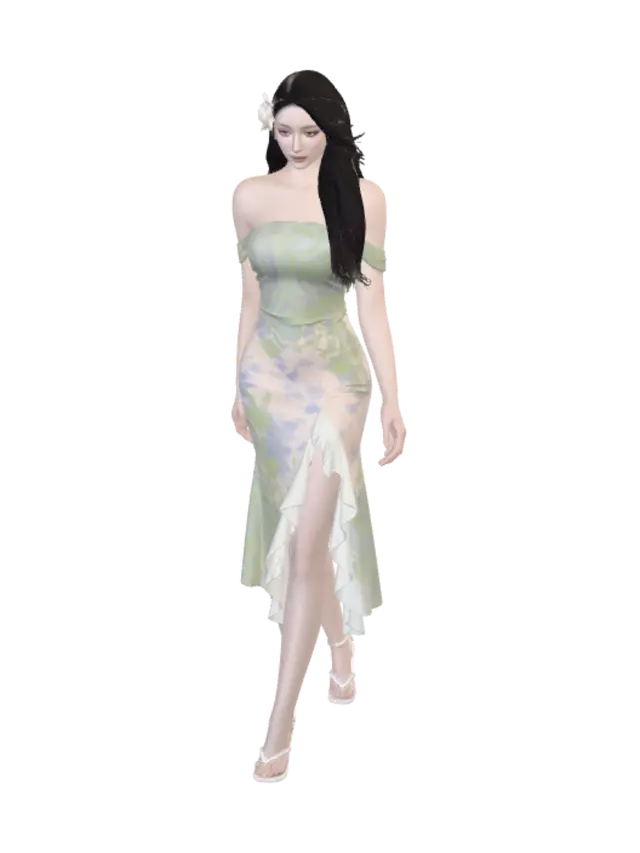 3D model for Pastel Floral Lace Off-Shoulder Dress
