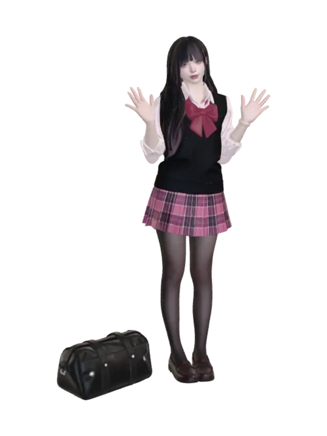 Schoolgirl in Pink Plaid Uniform with Red Bow - Mold 3D model, vytvořený pomocí AI
