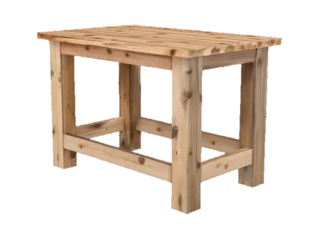 3D model for Make a simple rustic tool shed table that has wood 2x4 legs and a rectangular plywood table top. something that would be found in a tool shed or a poorly made craft bench