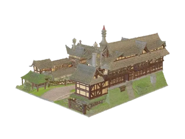 A sprawling, high-detail 3D anime-style fantasy village environment. The layout… - Hall 3D model, vytvořený pomocí AI