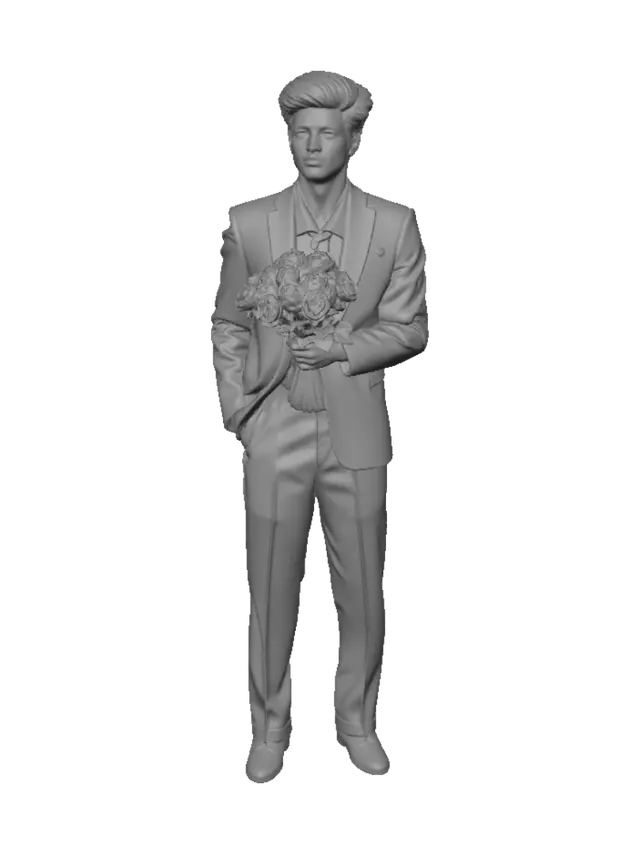 3D model for Groom in White with a Bouquet of Red Roses