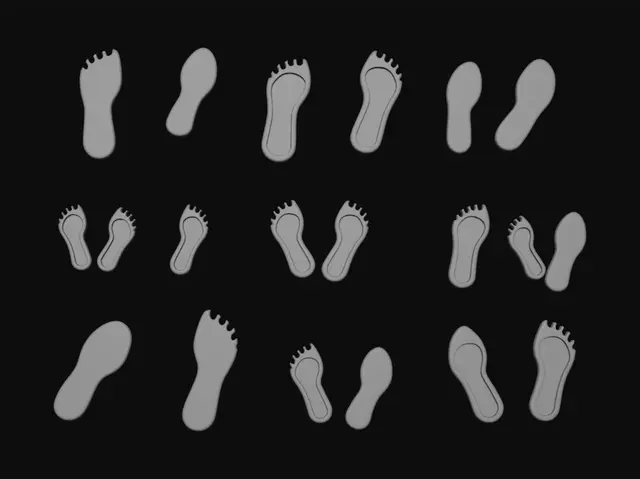 3D model for Semi-realistic stylized shoe footprint decals for a Silk Road caravanserai game. These are dusty sandy shoe prints left on worn stone flooring by NPCs who walked through desert sand. Show a few variations: single prints and small left-right pairs. Soft leather shoe / boot sole shape with subtle tread detail, uneven dusty edges, light sand scatter, faded residue, and slightly irregular imprint strength. Warm beige-tan dust, readable game-ready shapes, clean asset-sheet presentation, not too realistic, not cartoony.