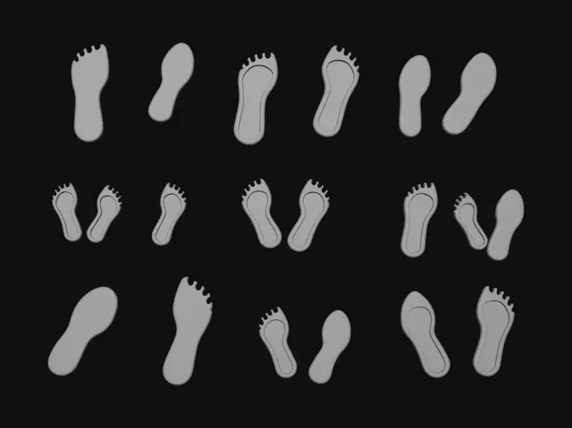 3D model for Semi-realistic stylized shoe footprint decals for a Silk Road caravanserai game. These are dusty sandy shoe prints left on worn stone flooring by NPCs who walked through desert sand. Show a few variations: single prints and small left-right pairs. Soft leather shoe / boot sole shape with subtle tread detail, uneven dusty edges, light sand scatter, faded residue, and slightly irregular imprint strength. Warm beige-tan dust, readable game-ready shapes, clean asset-sheet presentation, not too realistic, not cartoony.