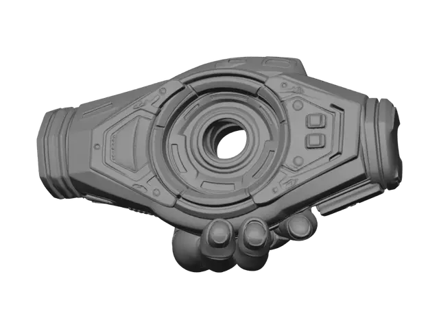 3D model for "A futuristic handheld sci-fi gadget, dimension-shifting device, first-person shooter weapon style. Sleek matte black metallic body with glowing neon blue and orange accents. It has a rotating central cylinder core and mechanical toggles. Blueprint and architectural aesthetic, hard surface modeling. Game asset, low poly, PBR materials, clean topology, neutral lighting, isolated on a solid background, highly detailed."